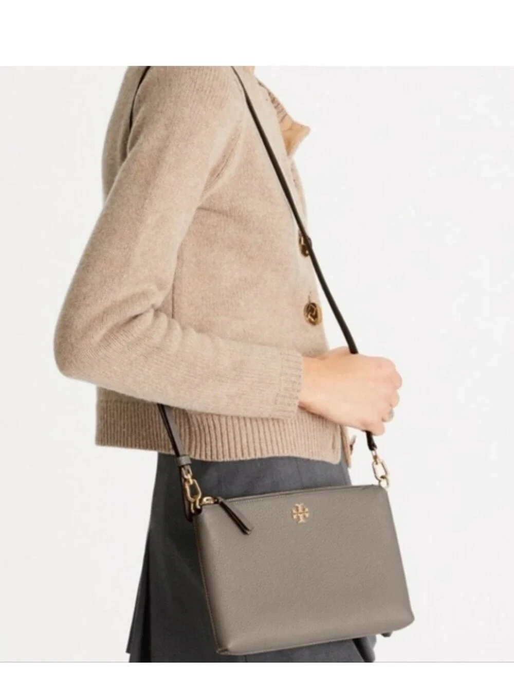 Tory Burch Mercer Pebbled Zip Top Crossbody Bag In Gray/taupe Color